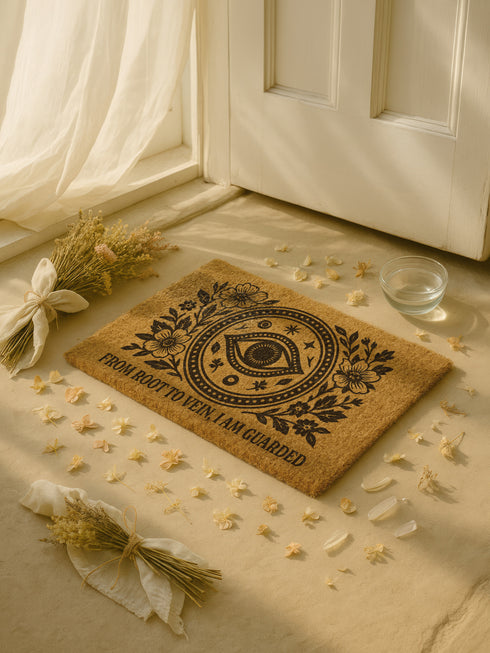Rectangular 24x16 inch coconut coir doormat with a black vinyl backing. The mat features a central evil eye surrounded by botanical flowers, stars, and dots, with the phrase “From Root to Vein, I Am Guarded” printed at the bottom. Designed for outdoor use, with durable bristle texture for entryways or garden paths.